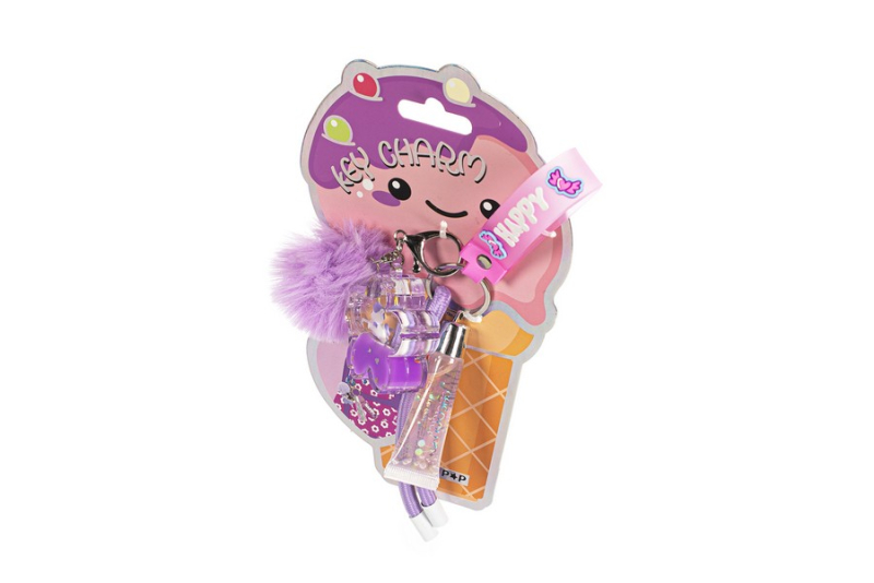 Lip gloss Tri-Coastal μπρελόκ με pom pom και charms Happy