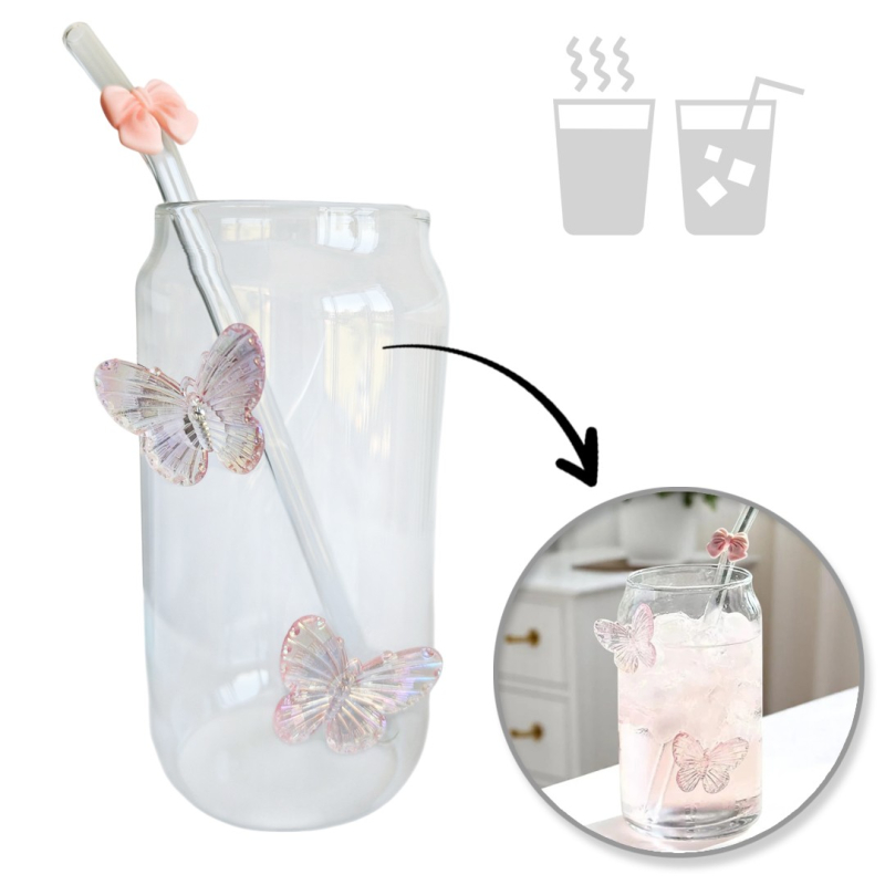 Ποτήρι γυάλινο με γυάλινο καλαμάκι Pink Butterflies 500ml