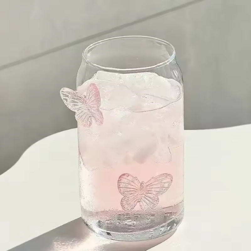 Ποτήρι γυάλινο με γυάλινο καλαμάκι Pink Butterflies 500ml
