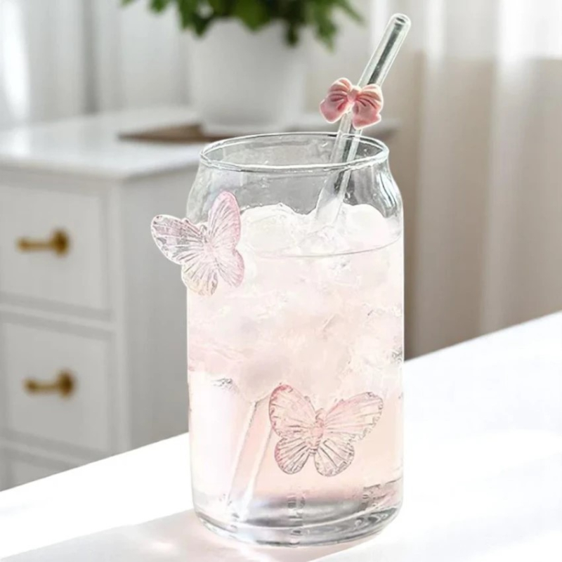 Ποτήρι γυάλινο με γυάλινο καλαμάκι Pink Butterflies 500ml