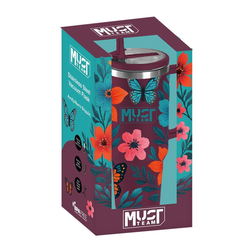 Ποτήρι θερμός Must ανοξείδωτο 1200ml με καλαμάκι μπορντό φλοράλ
