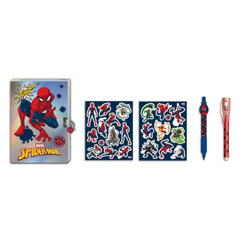 Σημειωματάριο με Κλειδαριά Spiderman Στυλό,Μαγικό Στυλό και Αυτοκόλλητα