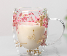 Κούπα γυάλινη με διπλό τοίχωμα με λευκή και ροζ γυψοφίλη 300ml